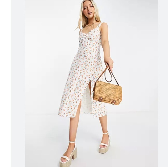 Abercrombie & Fitch Cinch Front Midi Dress Side Slit Peaches Medium Summer Dress - Picture 1 of 16